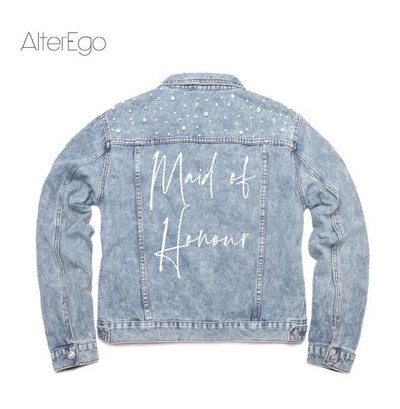 Προσαρμοσμένο μπουφάν τζιν νύφης Πέρλα Mrs Bachelorette Jean Jackets Δώρο για πάρτι για την ημέρα του γάμου Εξωτερικά ρούχα παράνυμφων Προσωποποιημένα παλτό