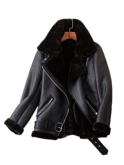 Ailegogo Χειμερινά Παλτό Γυναικεία Πάχος Faux Leather Fur Sheepskin Γυναικεία γούνα Δερμάτινο μπουφάν Aviator Outwear Casaco Feminino