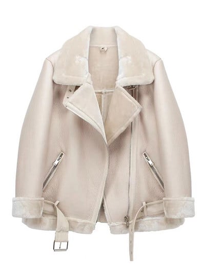 Ailegogo Χειμερινά Παλτό Γυναικεία Πάχος Faux Leather Fur Sheepskin Γυναικεία γούνα Δερμάτινο μπουφάν Aviator Outwear Casaco Feminino