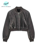 Vintage PU Δερμάτινο Cropped Μπουφάν για Γυναικεία Μόδα Μασίφ φερμουάρ Μακρύ μανίκι ψεύτικο δέρμα Μπουφάν Παλτό Street Short outwear