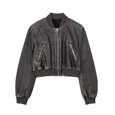 Vintage PU Δερμάτινο Cropped Μπουφάν για Γυναικεία Μόδα Μασίφ φερμουάρ Μακρύ μανίκι ψεύτικο δέρμα Μπουφάν Παλτό Street Short outwear