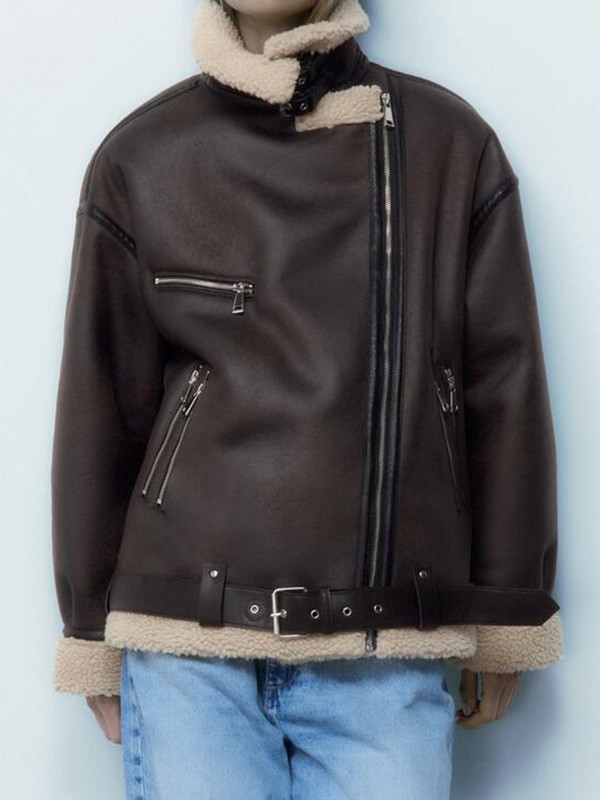 Ailegogo Jesen Zima Ženska debela topla jakna od umjetnog janjećeg krzna s remenom Ulična ženska ženska labava motociklistička gornja odjeća s patentnim zatvaračem