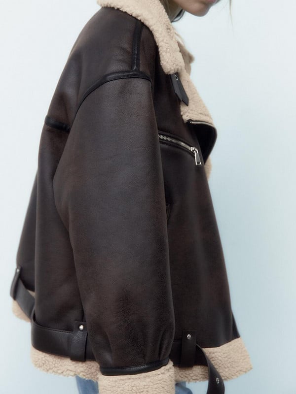 Ailegogo Jesen Zima Ženska debela topla jakna od umjetnog janjećeg krzna s remenom Ulična ženska ženska labava motociklistička gornja odjeća s patentnim zatvaračem