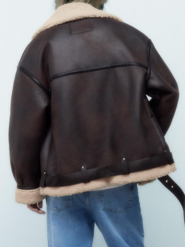 Ailegogo Jesen Zima Ženska debela topla jakna od umjetnog janjećeg krzna s remenom Ulična ženska ženska labava motociklistička gornja odjeća s patentnim zatvaračem