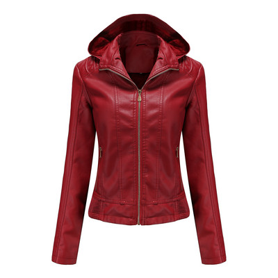 Kožna jakna s kapuljačom za jesen i zimu 2022., ženski šešir na skidanje, patentni zatvarač, topli, topli PU kožni uski kaput s dugim rukavima i baršunom S-3XL