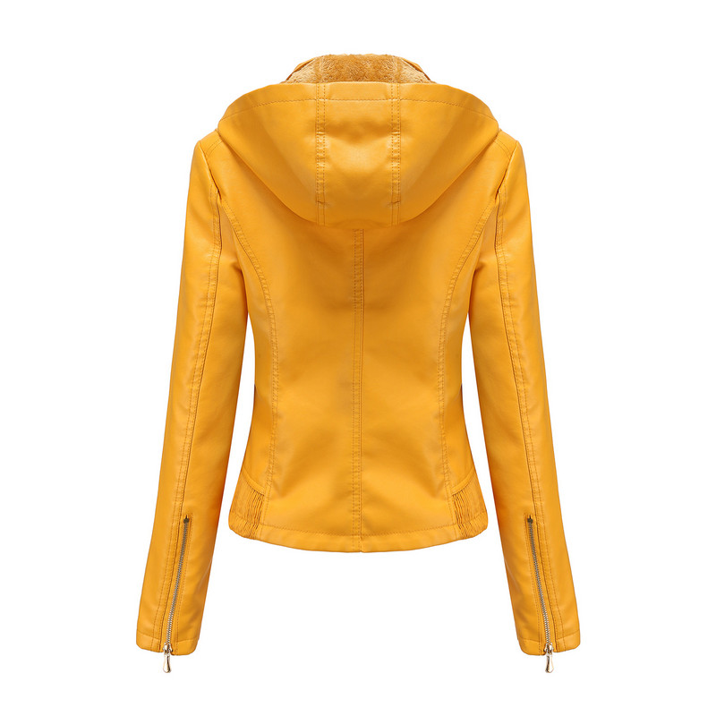 Kožna jakna s kapuljačom za jesen i zimu 2022., ženski šešir na skidanje, patentni zatvarač, topli, topli PU kožni uski kaput s dugim rukavima i baršunom S-3XL
