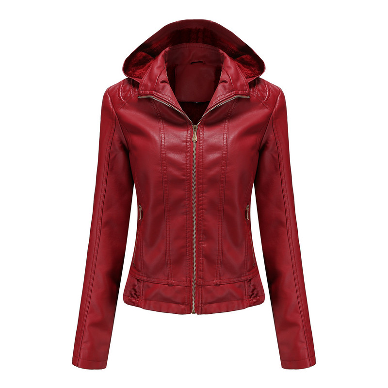 Kožna jakna s kapuljačom za jesen i zimu 2022., ženski šešir na skidanje, patentni zatvarač, topli, topli PU kožni uski kaput s dugim rukavima i baršunom S-3XL