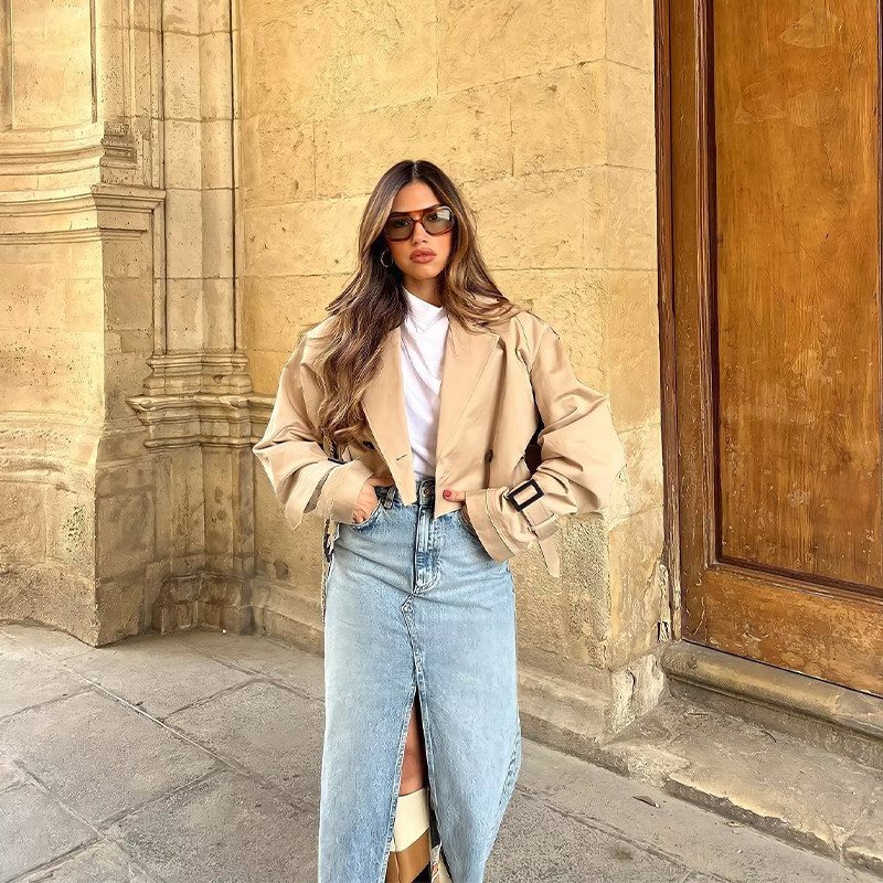 Kaki skraćeni trenč ženske jakne dugih rukava skraćenog dizajna Chic Lady High Street Ležerni široki kaputi Top Ženski 2023 Novo