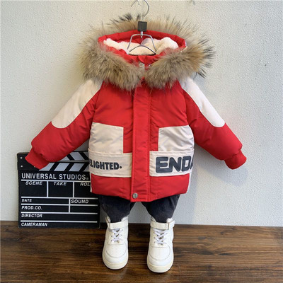 2023 Junior Dječaci Zimska pamučna flis podstavljena krznena kapuljača Parka s kapuljačom Slova Snowsuits 3 5 6 8 10 11Years Plus Baršunasti Topli Debeli Kaputi