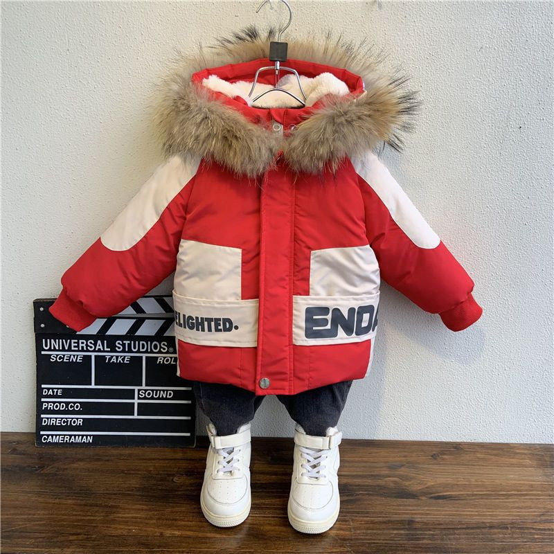 2023 Junior Dječaci Zimska pamučna flis podstavljena krznena kapuljača Parka s kapuljačom Slova Snowsuits 3 5 6 8 10 11Years Plus Baršunasti Topli Debeli Kaputi