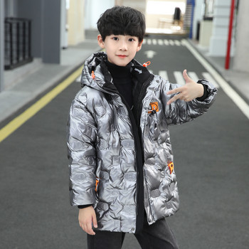 Детско удебелено пухено яке, ново зимно палто за момчета, ярки кожени памучни дрехи, черно, сребристо, детско връхно облекло с цип XMP498