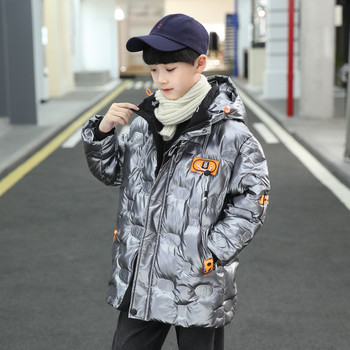 Детско удебелено пухено яке, ново зимно палто за момчета, ярки кожени памучни дрехи, черно, сребристо, детско връхно облекло с цип XMP498