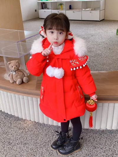 Parkas meitenes plīša biezāka kokvilnas jaka mazulim vidēja garuma jauns kokvilnas mētelis ziemas bērnu apģērbi izšuvumi