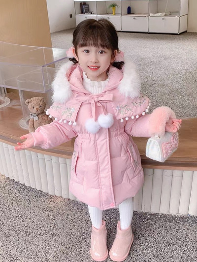 Parkas meitenes plīša biezāka kokvilnas jaka mazulim vidēja garuma jauns kokvilnas mētelis ziemas bērnu apģērbi izšuvumi