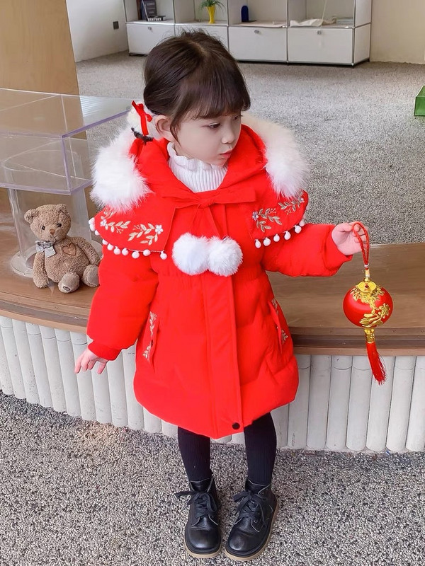 Parkas meitenes plīša biezāka kokvilnas jaka mazulim vidēja garuma jauns kokvilnas mētelis ziemas bērnu apģērbi izšuvumi