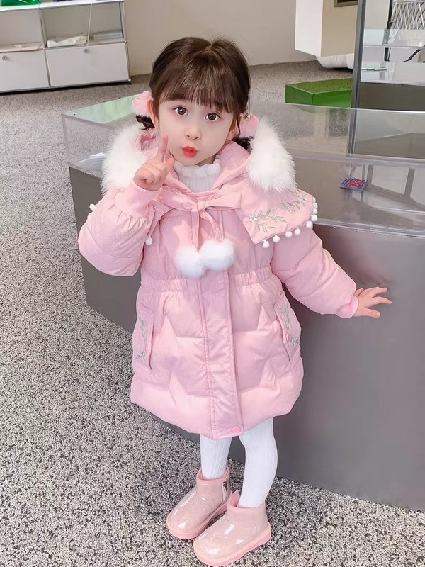 Parkas meitenes plīša biezāka kokvilnas jaka mazulim vidēja garuma jauns kokvilnas mētelis ziemas bērnu apģērbi izšuvumi