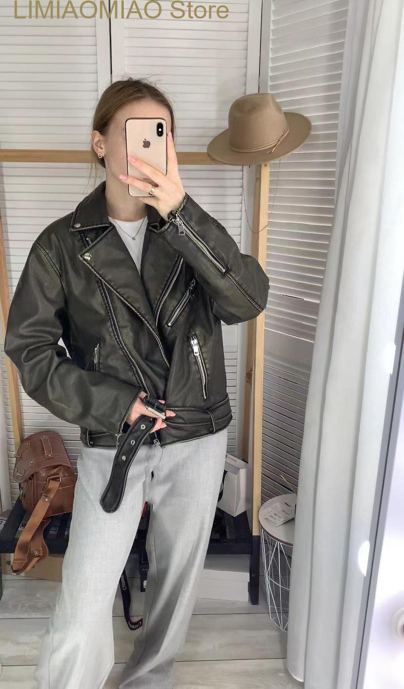 Jauna sieviešu brīva liela versija retro do vecas mazgātas ādas imitācijas lokomotīves modeļa PU jaka