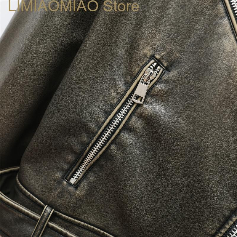 Jauna sieviešu brīva liela versija retro do vecas mazgātas ādas imitācijas lokomotīves modeļa PU jaka