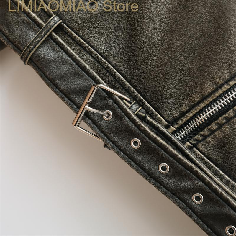 Jauna sieviešu brīva liela versija retro do vecas mazgātas ādas imitācijas lokomotīves modeļa PU jaka