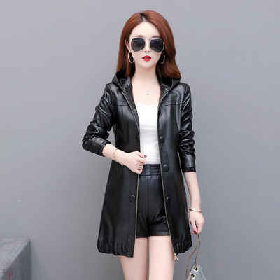 Ādas mētelis sievietēm, 2023. gada pavasaris, jauna ādas jaka sievietēm, gara, tieva motocikla ādas apģērbi, sieviešu mēteļi, melni