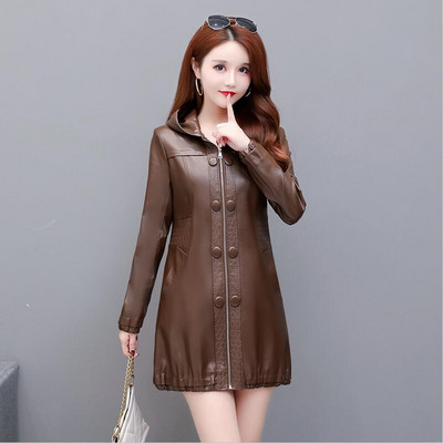 Ādas mētelis sievietēm, 2023. gada pavasaris, jauna ādas jaka sievietēm, gara, tieva motocikla ādas apģērbi, sieviešu mēteļi, melni