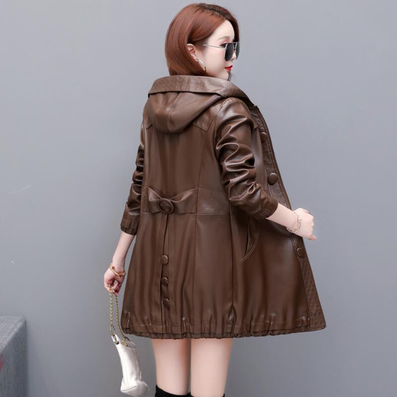 Ādas mētelis sievietēm, 2023. gada pavasaris, jauna ādas jaka sievietēm, gara, tieva motocikla ādas apģērbi, sieviešu mēteļi, melni