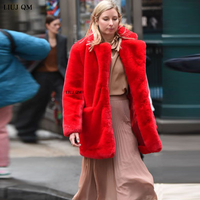 Jauns Sieviešu ziemas silts mākslīgās kažokādas mētelis biezs sieviešu vidējs -gars mētelis, nolaižams apkakle Plīša mākslīgās truša kažokādas jaka silta sieviete