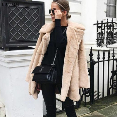 Jauns Sieviešu ziemas silts mākslīgās kažokādas mētelis biezs sieviešu vidējs -gars mētelis, nolaižams apkakle Plīša mākslīgās truša kažokādas jaka silta sieviete