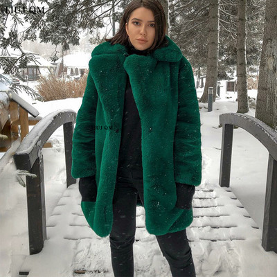 Jauns Sieviešu ziemas silts mākslīgās kažokādas mētelis biezs sieviešu vidējs -gars mētelis, nolaižams apkakle Plīša mākslīgās truša kažokādas jaka silta sieviete