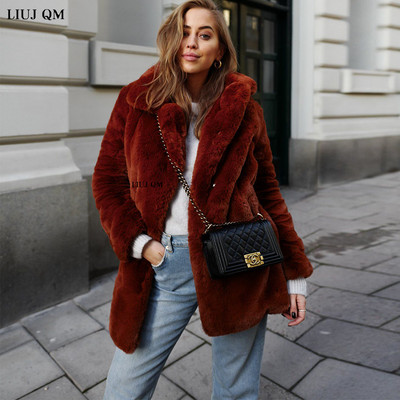 Jauns Sieviešu ziemas silts mākslīgās kažokādas mētelis biezs sieviešu vidējs -gars mētelis, nolaižams apkakle Plīša mākslīgās truša kažokādas jaka silta sieviete