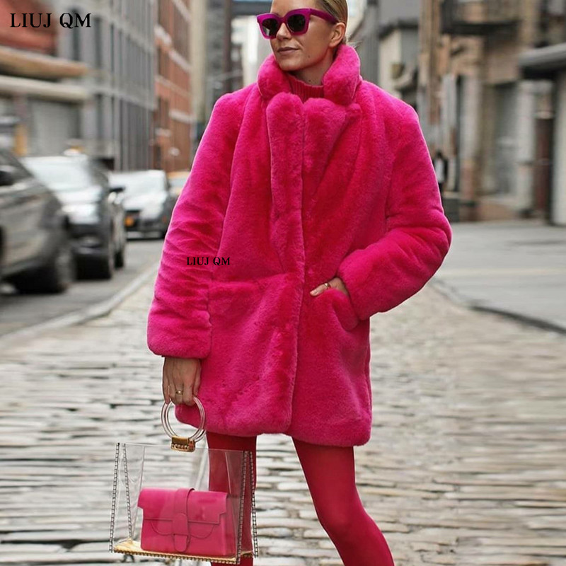 Jauns Sieviešu ziemas silts mākslīgās kažokādas mētelis biezs sieviešu vidējs -gars mētelis, nolaižams apkakle Plīša mākslīgās truša kažokādas jaka silta sieviete