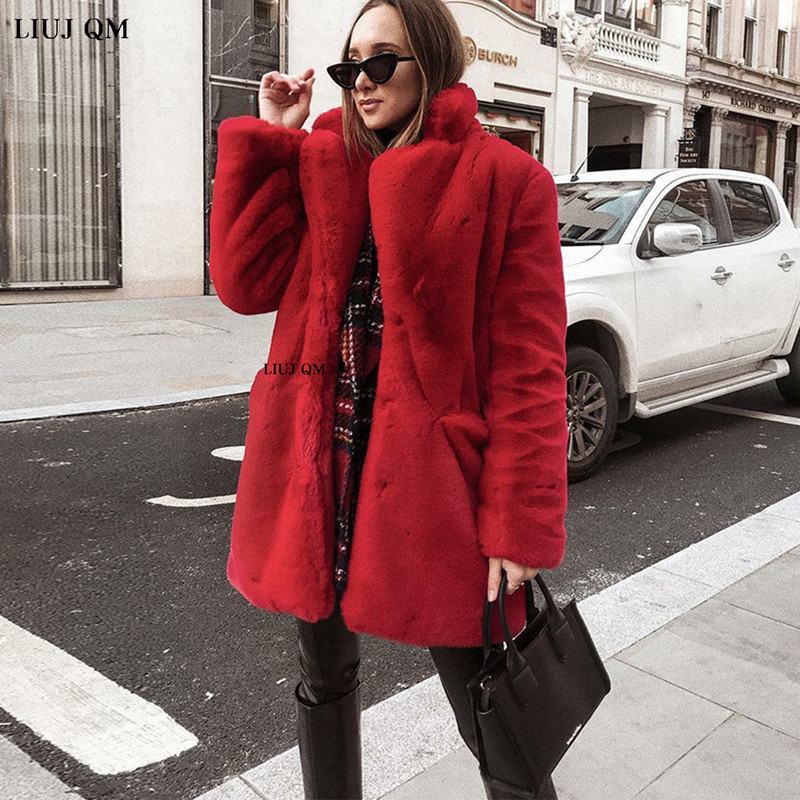 Jauns Sieviešu ziemas silts mākslīgās kažokādas mētelis biezs sieviešu vidējs -gars mētelis, nolaižams apkakle Plīša mākslīgās truša kažokādas jaka silta sieviete