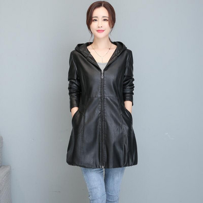 3XL bőrkabát női 2023 új női bőrkabát, hosszú vékony kapucnis motoros női bőrruházat fekete