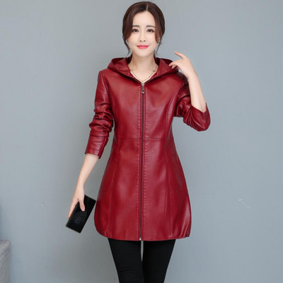 3XL bőrkabát női 2023 új női bőrkabát, hosszú vékony kapucnis motoros női bőrruházat fekete