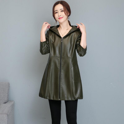 3XL bőrkabát női 2023 új női bőrkabát, hosszú vékony kapucnis motoros női bőrruházat fekete