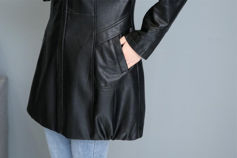 3XL bőrkabát női 2023 új női bőrkabát, hosszú vékony kapucnis motoros női bőrruházat fekete