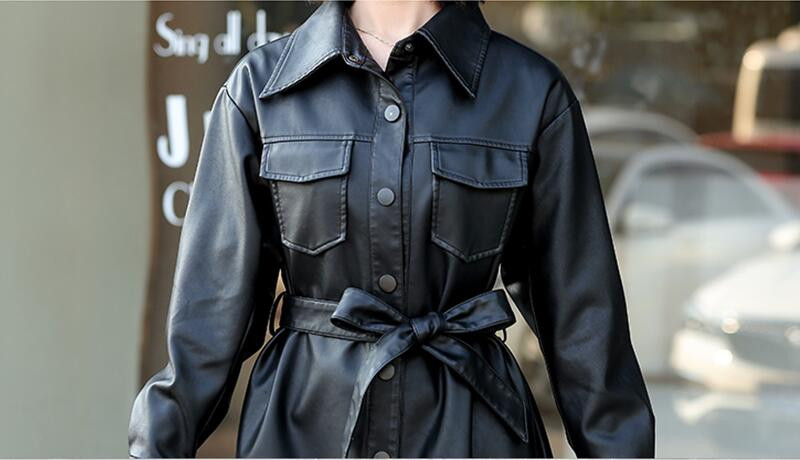 3XL sieviešu apģērbs jauns 2023. gada pavasara motocikla ādas jaka sievietēm, gara, slaida rudens sieviešu ādas mētelis, melns modes