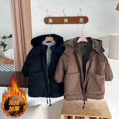 Téli kabát fiúknak pehelypamut kabát vastagított kapucnis ruhák nagy gyerekek plüss bélésű felsőruházat fekete barna XMP509