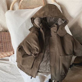 Зимно яке за момчета Пухено памучно палто Удебелени дрехи с качулка Големи деца Връхни дрехи с плюшена подплата Черно кафяво XMP509