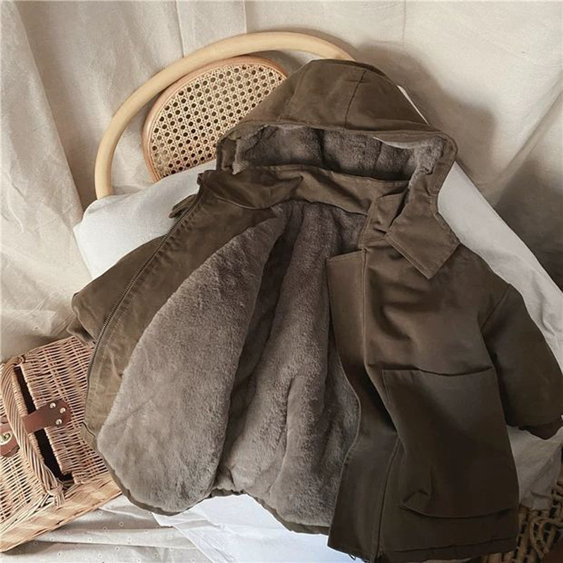 Téli kabát fiúknak pehelypamut kabát vastagított kapucnis ruhák nagy gyerekek plüss bélésű felsőruházat fekete barna XMP509