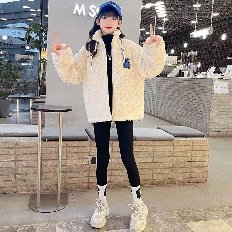 Meiteņu jēra vilnas mēteļi rudens un ziemas studentu multfilma Lācis kokvilnas biezināts džemperis pusaudžiem bērniem siltas jakas ar rāvējslēdzēju