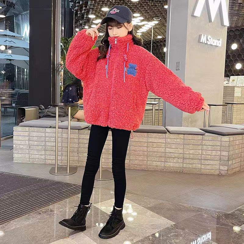 Meiteņu jēra vilnas mēteļi rudens un ziemas studentu multfilma Lācis kokvilnas biezināts džemperis pusaudžiem bērniem siltas jakas ar rāvējslēdzēju