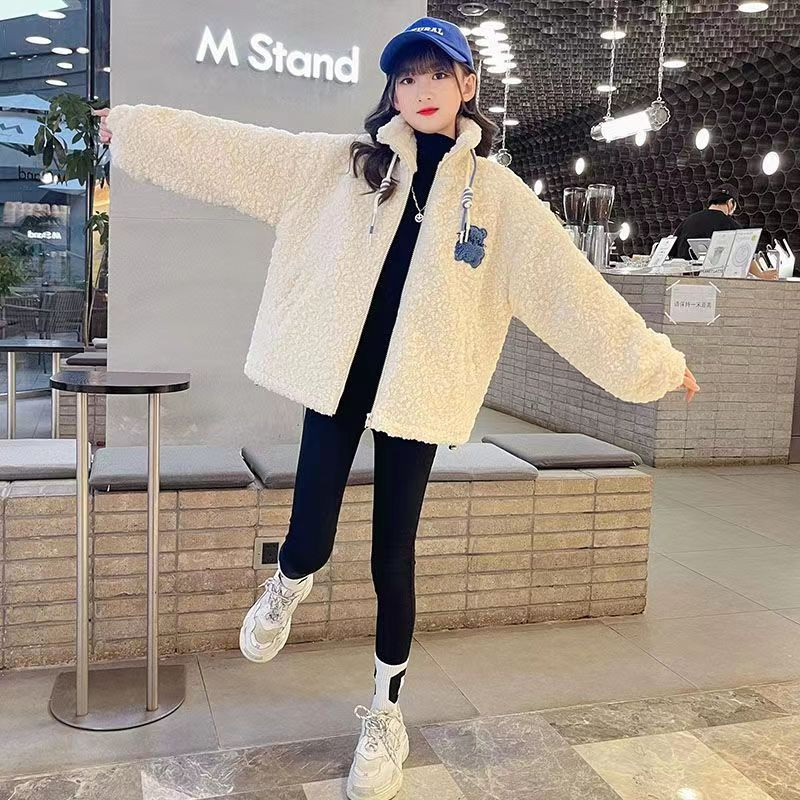 Meiteņu jēra vilnas mēteļi rudens un ziemas studentu multfilma Lācis kokvilnas biezināts džemperis pusaudžiem bērniem siltas jakas ar rāvējslēdzēju