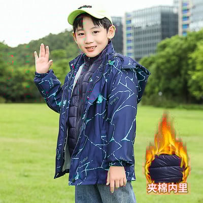 Téli iskolai gyerek felszerelés fiú kapucnis felsők cipzáras dzseki + pamut párnázott bélésű gyermek ábécé meleg Parka 3-14 éves korig XMP117