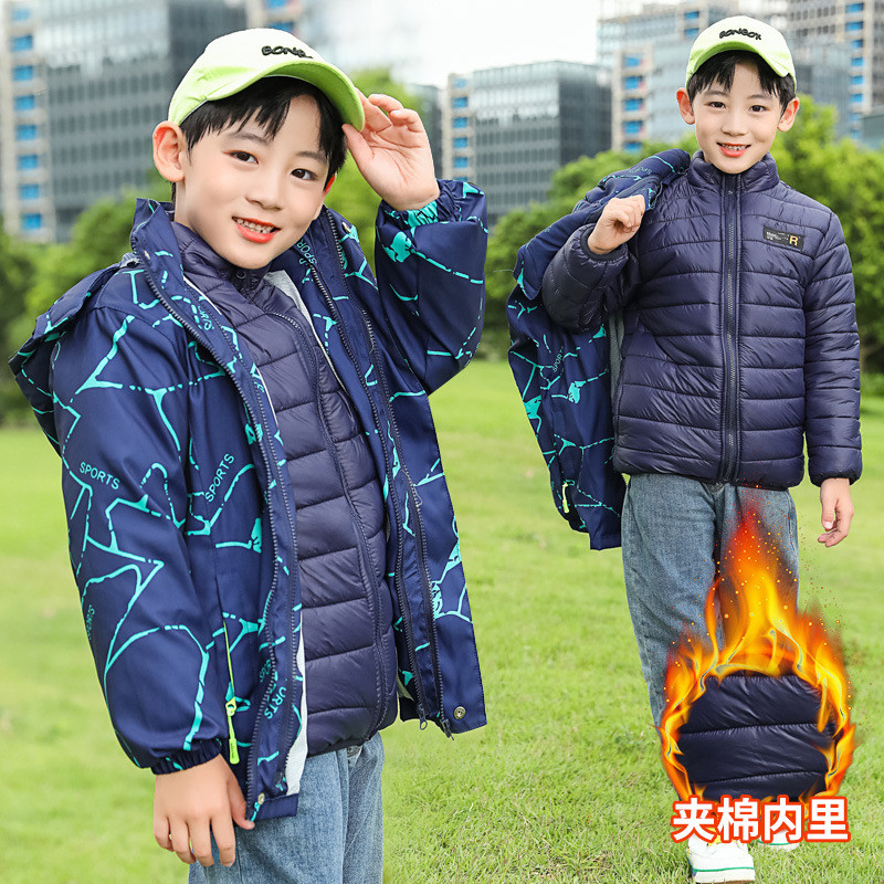 Téli iskolai gyerek felszerelés fiú kapucnis felsők cipzáras dzseki + pamut párnázott bélésű gyermek ábécé meleg Parka 3-14 éves korig XMP117