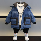 Téli ruhák fiúknak meleg plüss kapucnis bő gyerek dzsekik 2023 új pehelypamut kabát vízálló gyerekparkas XMP475