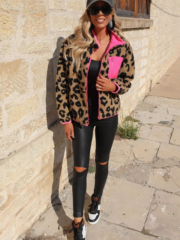 2023, toamnă și iarnă, jachetă de damă, model de leopard, piele de căprioară, model de leopard, blană, o singură bucată, haină asortată de culori pentru femei