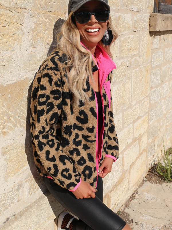 2023, toamnă și iarnă, jachetă de damă, model de leopard, piele de căprioară, model de leopard, blană, o singură bucată, haină asortată de culori pentru femei