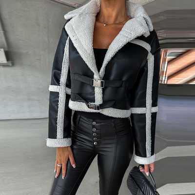 Retro silta ādas raibā kažokāda sieviešu mētelis ar nolaižamu apkakli, sprādzi, šaura virsjaka rudens ziemas virsdrēbes ar garām piedurknēm.