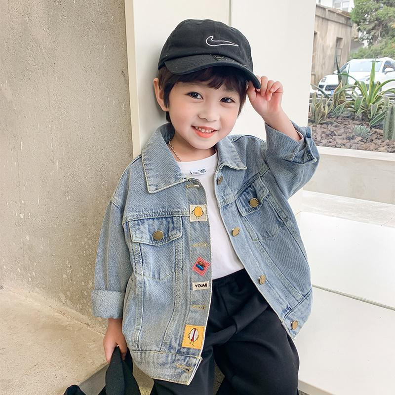 Poiste teksajakk, värviline lapiline lahtikäiv krae, üherealine 2023. aasta kevad-sügis helesinine, moodne 5–14-aastased